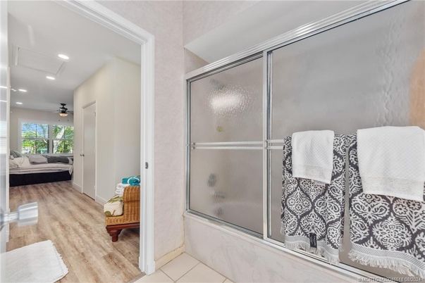 Bathroom, Glass Shower, Interior, Recessed Lighting, Wood Texture Flooring