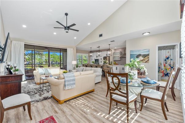 Dining room, Interior, Kitchen, Living room, Pendant Lights, Recessed Lighting, Wood Texture Flooring