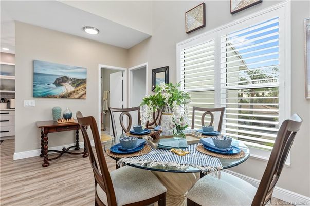 Dining room, Interior, Recessed Lighting, Wood Texture Flooring