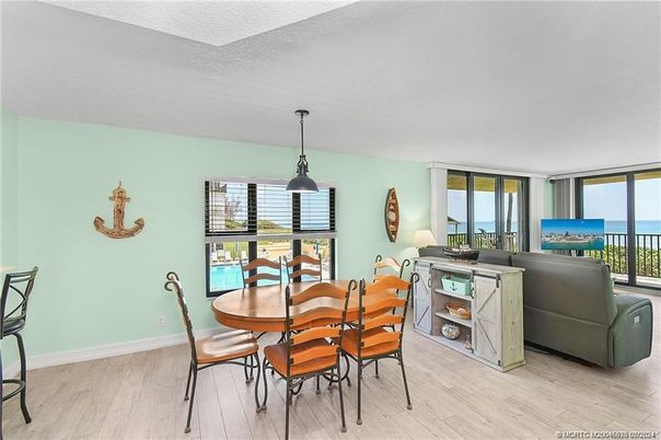 Dining room, Interior, Pendant Lights, Water, Wood Texture Flooring