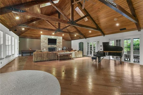 Fireplace, Interior, Living room, Piano, Stone Walls, Wooden Beams, Wooden Ceilings, Wood Texture Flooring