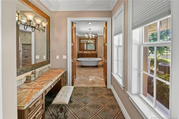 Bathroom, Chandelier, Dual Sink Vanities, Free Standing Baths, Interior, Recessed Lighting