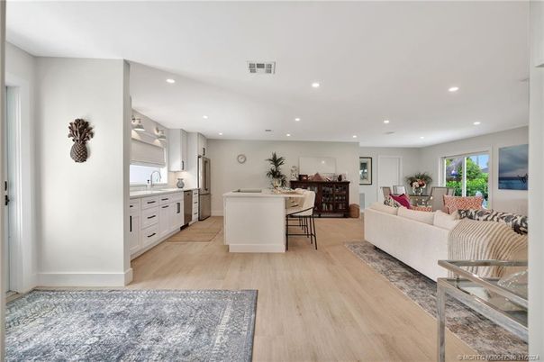 Interior, Kitchen, Living room, Recessed Lighting, Wood Texture Flooring