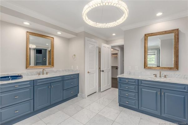 Bathroom, Dual Sink Vanities, Interior, Marble, Pendant Lights, Recessed Lighting