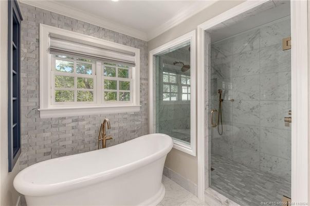Bathroom, Free Standing Baths, Glass Shower, Interior, Marble, Marble Walls, Recessed Lighting