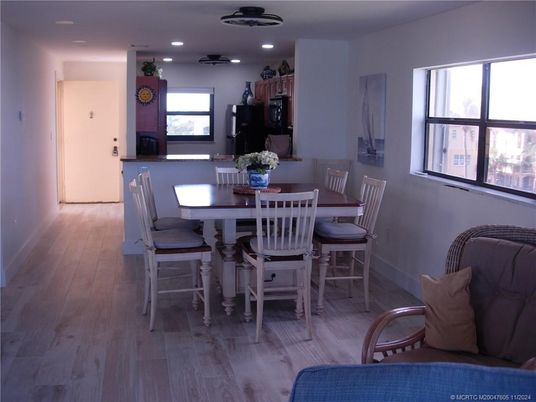 Dining room, Interior, Recessed Lighting, Wood Texture Flooring