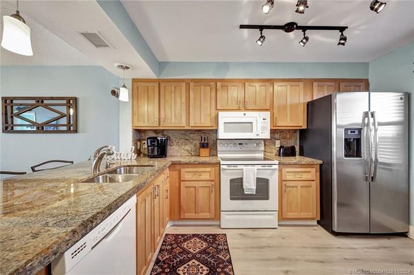 Interior, Kitchen, Pendant Lights, Stainless Steel Appliances, Wood Texture Flooring