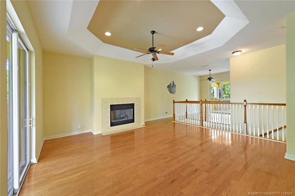 Empty room, Fireplace, Interior, Recessed Lighting, Wood Texture Flooring