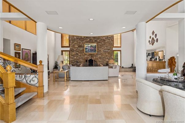 Fireplace, Interior, Living room, Recessed Lighting, Stone Walls
