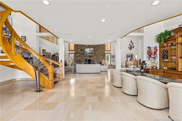 Fireplace, Interior, Living room, Recessed Lighting, Stone Walls