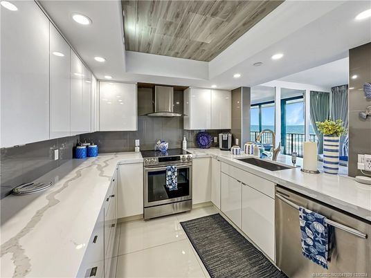Interior, Kitchen, Recessed Lighting, Stainless Steel Appliances, Wooden Ceilings
