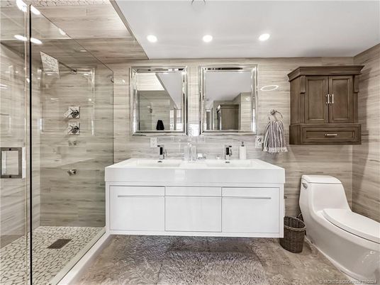 Bathroom, Dual Sink Vanities, Glass Shower, Interior, Recessed Lighting