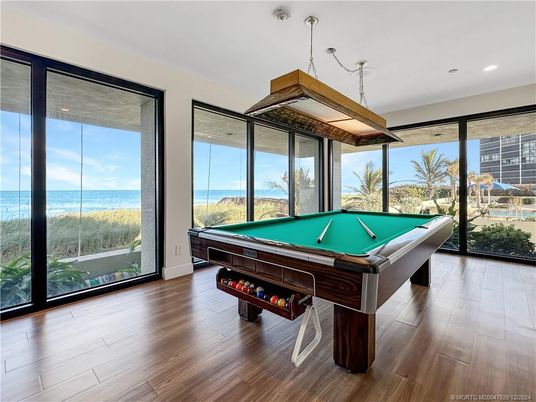 Billiard Table, Game Room, Interior, Recessed Lighting, Water, Wood Texture Flooring