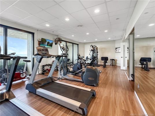 Fitness Equipment, Gym, Interior, Recessed Lighting, Wood Texture Flooring
