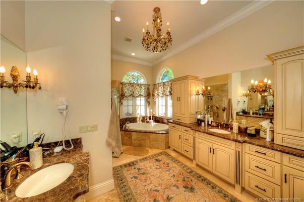 Bathroom, Chandelier, Dual Sink Vanities, Interior, Recessed Lighting