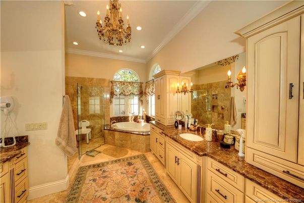 Bathroom, Chandelier, Dual Sink Vanities, Glass Shower, Interior, Recessed Lighting