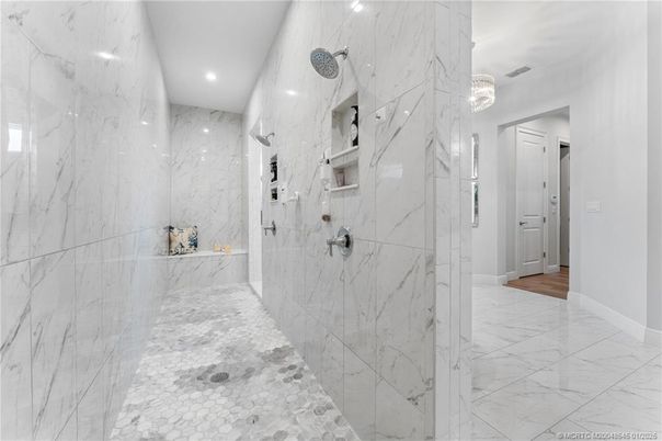 Bathroom, Glass Shower, Interior, Marble, Marble Walls, Recessed Lighting