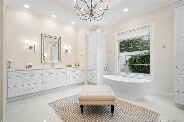 Bathroom, Chandelier, Dual Sink Vanities, Free Standing Baths, Interior, Marble, Recessed Lighting