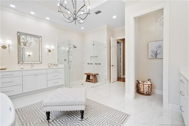 Bathroom, Chandelier, Dual Sink Vanities, Glass Shower, Interior, Marble, Marble Walls, Recessed Lighting