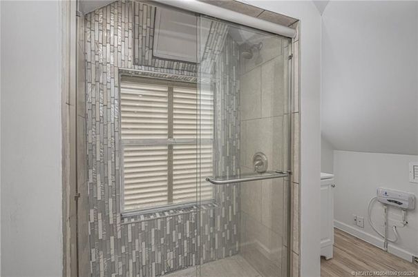 Bathroom, Glass Shower, Interior, Wood Texture Flooring