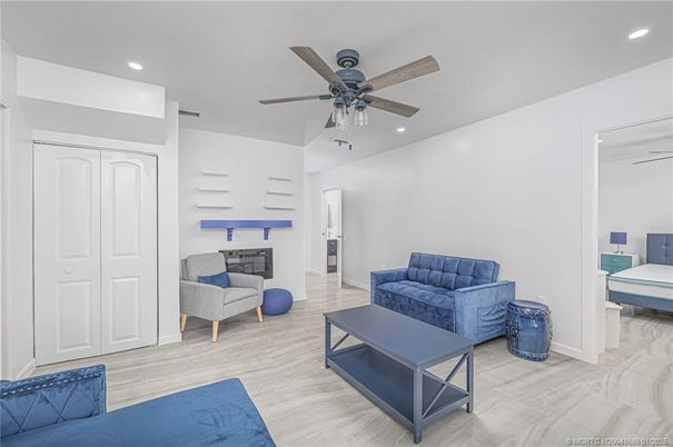Bedroom, Interior, Living room, Recessed Lighting, Wood Texture Flooring