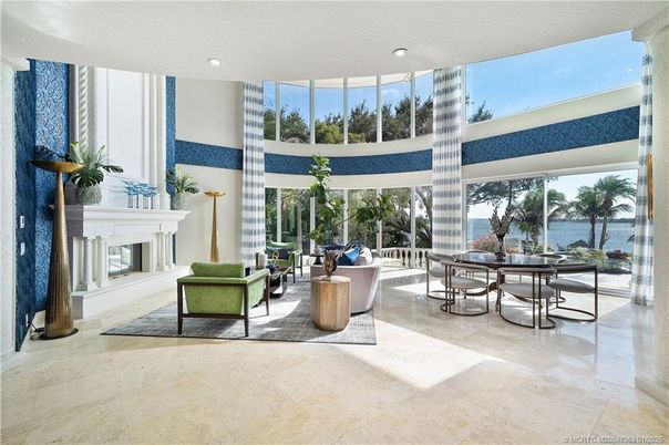 Dining room, Fireplace, Interior, Living room, Recessed Lighting, Water