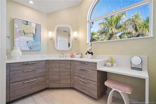 Bathroom, Dual Sink Vanities, Interior, Recessed Lighting, Wood Texture Flooring