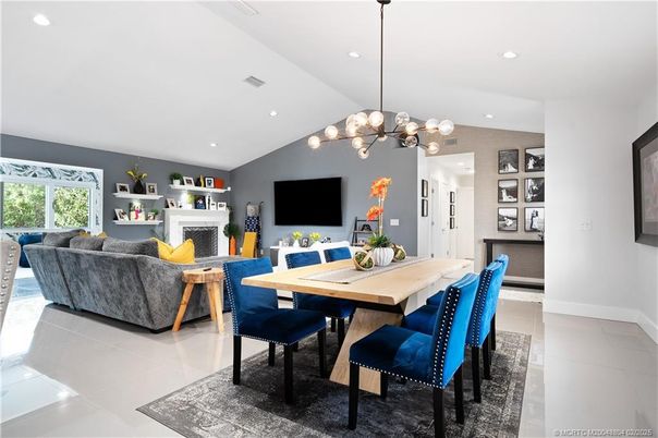 Dining room, Fireplace, Interior, Living room, Pendant Lights, Recessed Lighting