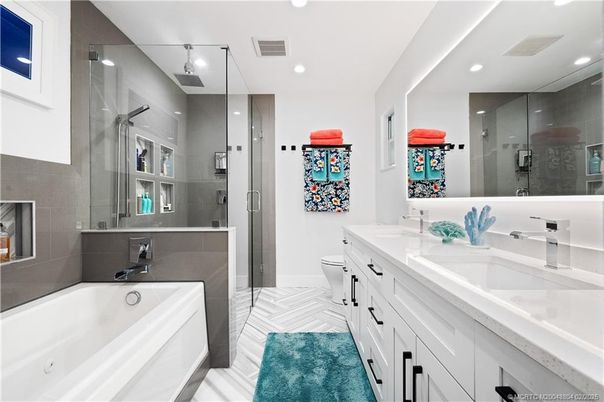 Bathroom, Dual Sink Vanities, Glass Shower, Interior, Recessed Lighting