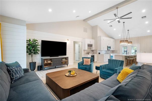 Dining room, Interior, Kitchen, Living room, Pendant Lights, Recessed Lighting, Stainless Steel Appliances, Wood Texture Flooring