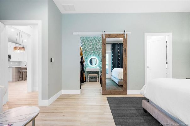 Bedroom, Interior, Pendant Lights, Wood Texture Flooring