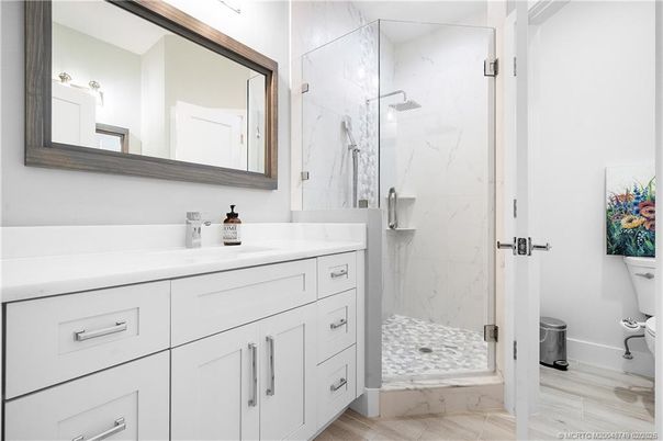 Bathroom, Glass Shower, Interior, Marble, Marble Walls, Wood Texture Flooring