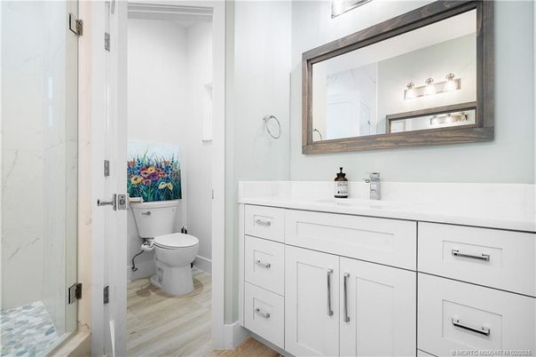 Bathroom, Interior, Marble Walls, Wood Texture Flooring