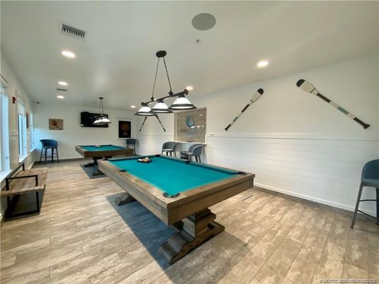 Billiard Table, Game Room, Interior, Pendant Lights, Recessed Lighting, Wood Texture Flooring