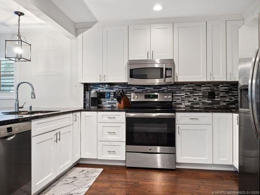 Interior, Kitchen, Pendant Lights, Recessed Lighting, Stainless Steel Appliances, Wood Texture Flooring