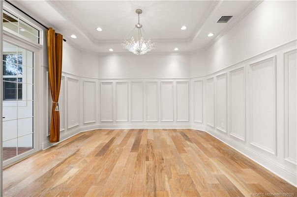 Chandelier, Empty room, Interior, Recessed Lighting, Wood Texture Flooring
