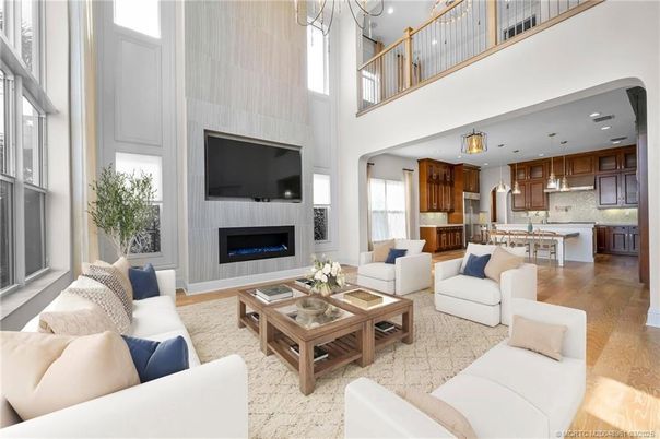 Fireplace, Interior, Kitchen, Living room, Pendant Lights, Recessed Lighting, Wood Texture Flooring