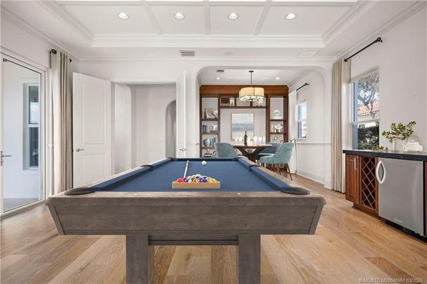 Billiard Table, Game Room, Interior, Pendant Lights, Recessed Lighting, Wood Texture Flooring