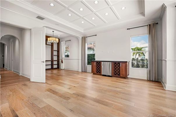 Chandelier, Empty room, Interior, Recessed Lighting, Wood Texture Flooring