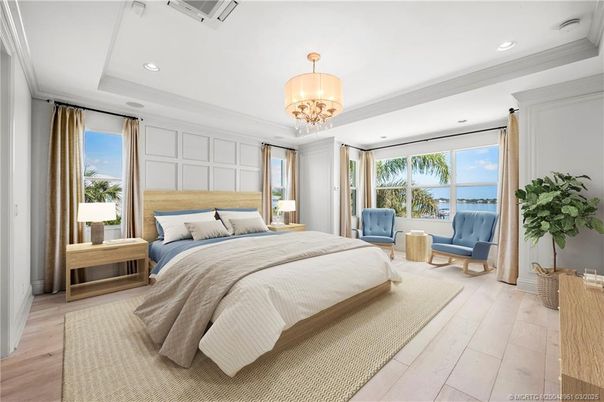 Bedroom, Chandelier, Interior, Recessed Lighting, Wood Texture Flooring
