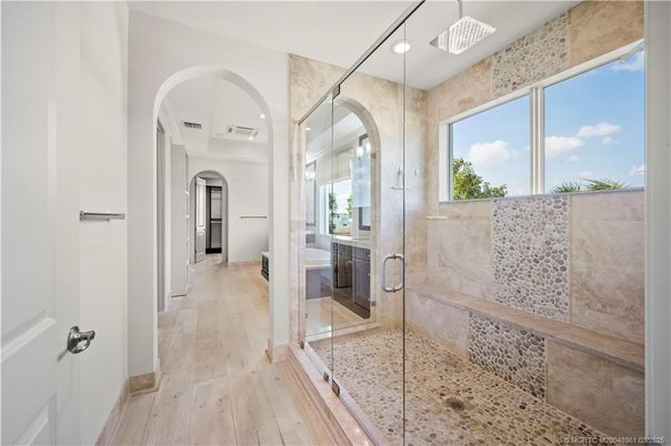 Bathroom, Glass Shower, Interior, Recessed Lighting, Wood Texture Flooring