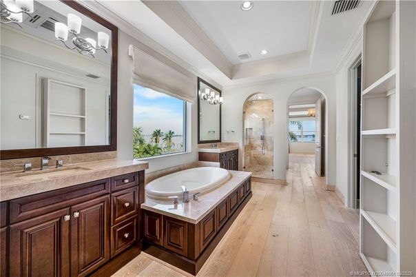 Bathroom, Glass Shower, Interior, Recessed Lighting, Wood Texture Flooring