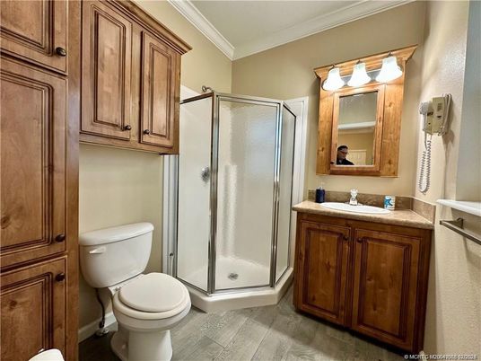 Bathroom, Glass Shower, Interior, Wood Texture Flooring
