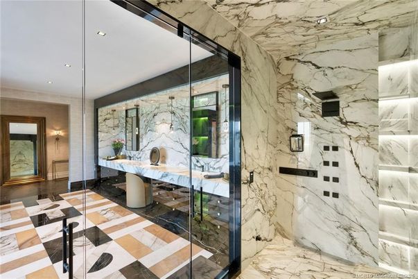 Bathroom, Glass Shower, Interior, Marble, Marble Walls, Recessed Lighting
