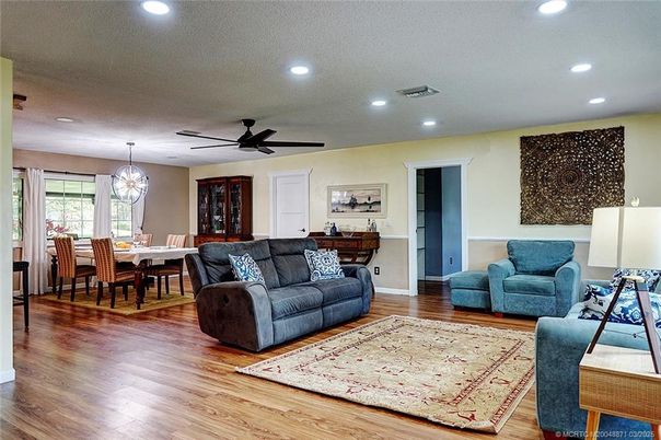 Dining room, Interior, Living room, Recessed Lighting, Wood Texture Flooring