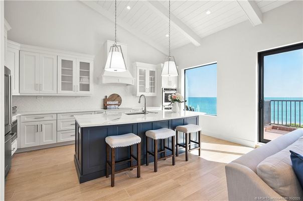 Interior, Kitchen, Pendant Lights, Recessed Lighting, Stainless Steel Appliances, Water, Wood Texture Flooring