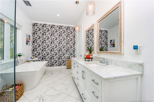 Bathroom, Dual Sink Vanities, Free Standing Baths, Interior, Marble, Pendant Lights, Recessed Lighting