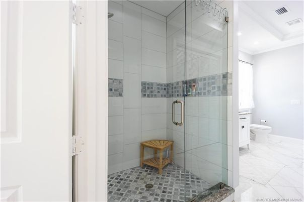 Bathroom, Glass Shower, Interior, Marble, Recessed Lighting