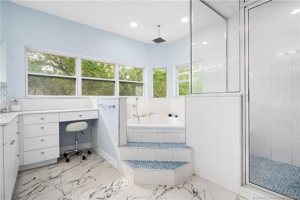 Bathroom, Glass Shower, Interior, Marble, Recessed Lighting
