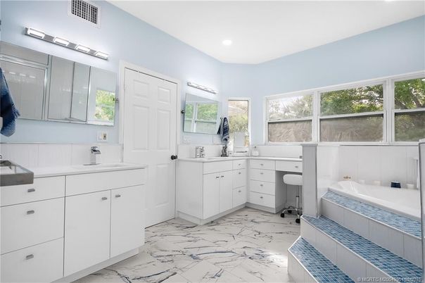 Bathroom, Dual Sink Vanities, Interior, Marble, Recessed Lighting